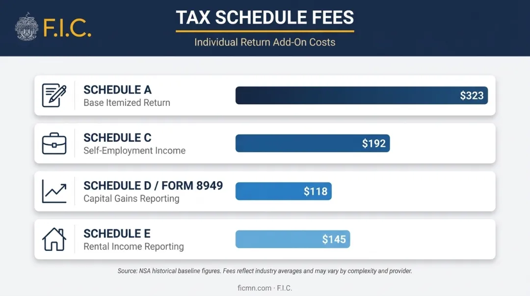Tax schedule add-on fees comparison chart for individual tax returns