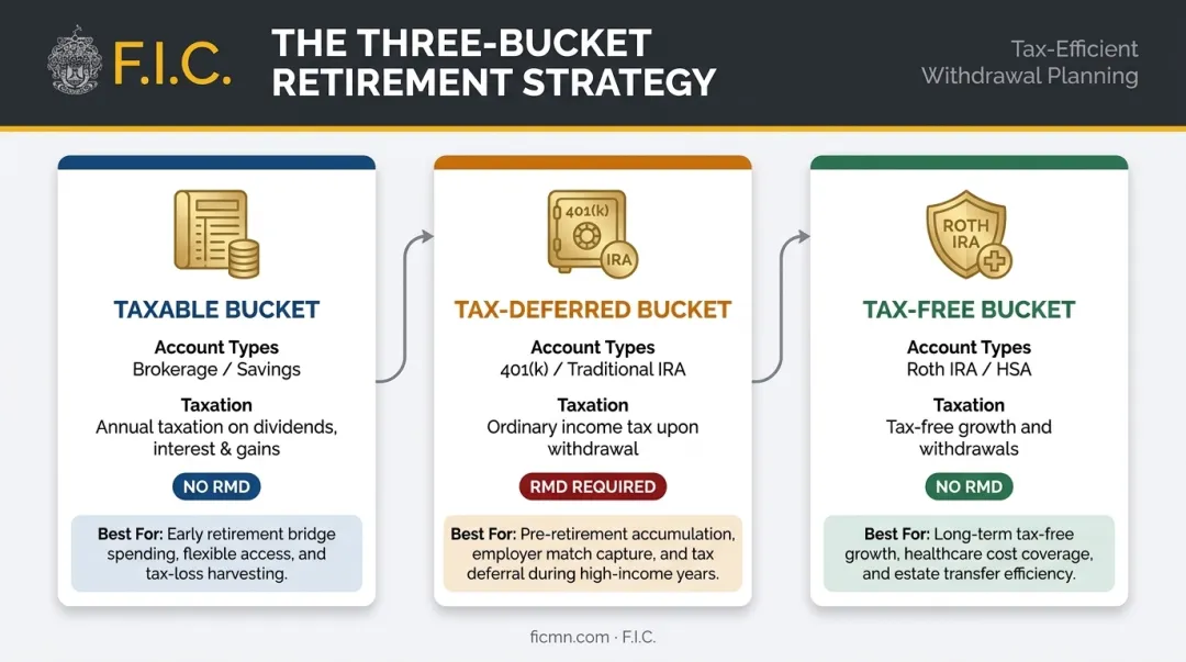 Three-bucket tax diversification strategy comparison taxable deferred and tax-free accounts