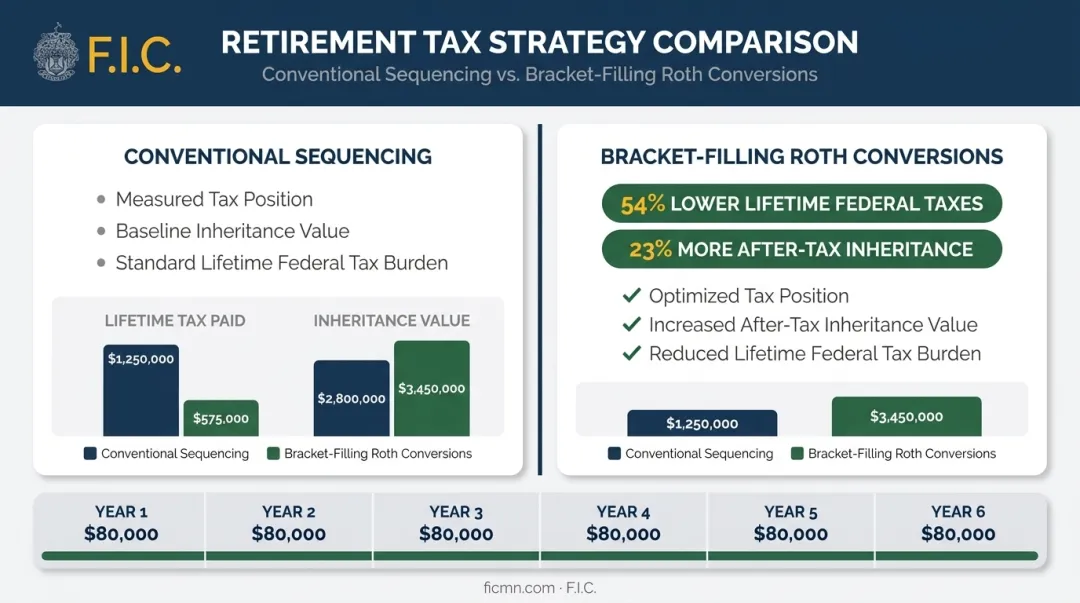 Roth conversion bracket-filling strategy showing lifetime tax savings and inheritance comparison