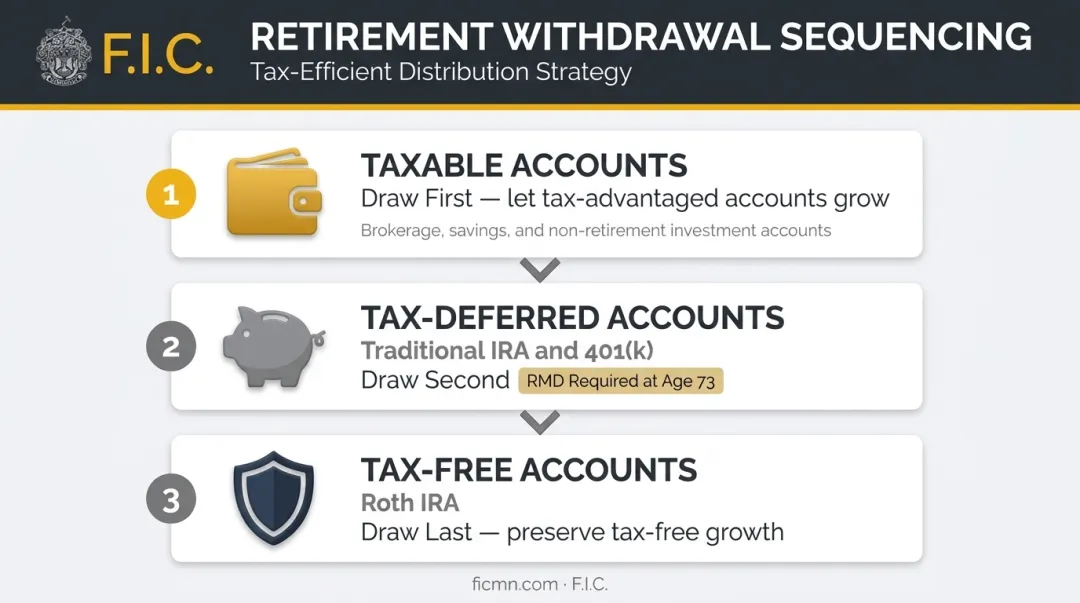Three-step retirement withdrawal sequencing order taxable tax-deferred tax-free accounts