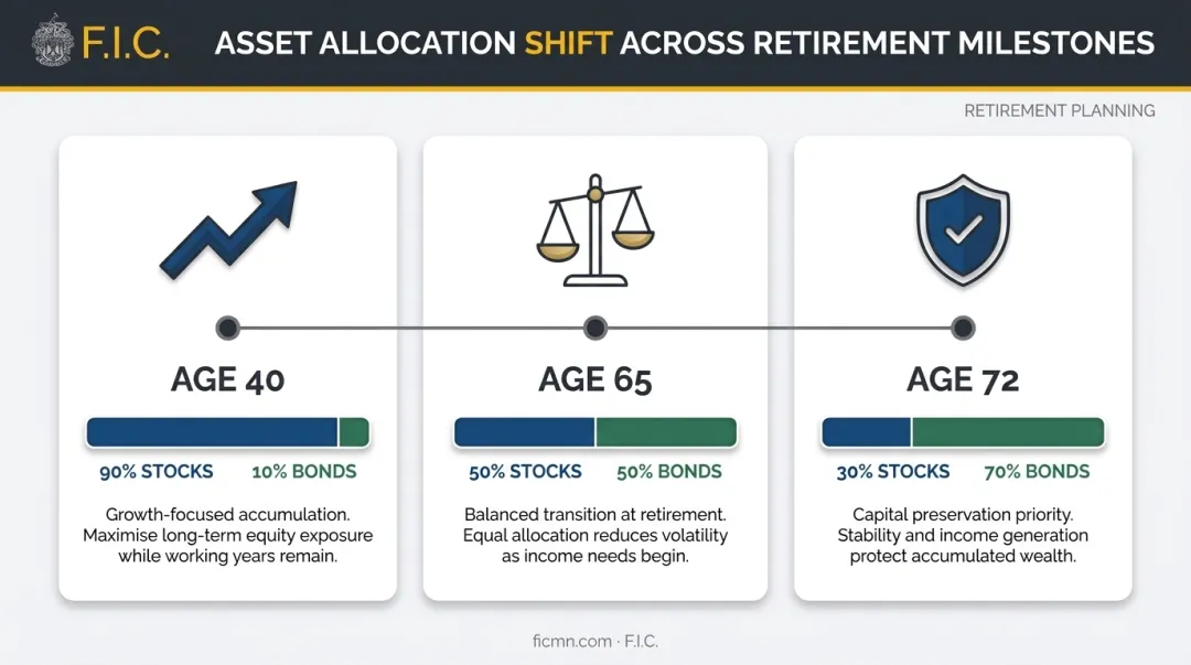 Retirement asset allocation glide path by age stocks bonds percentage breakdown