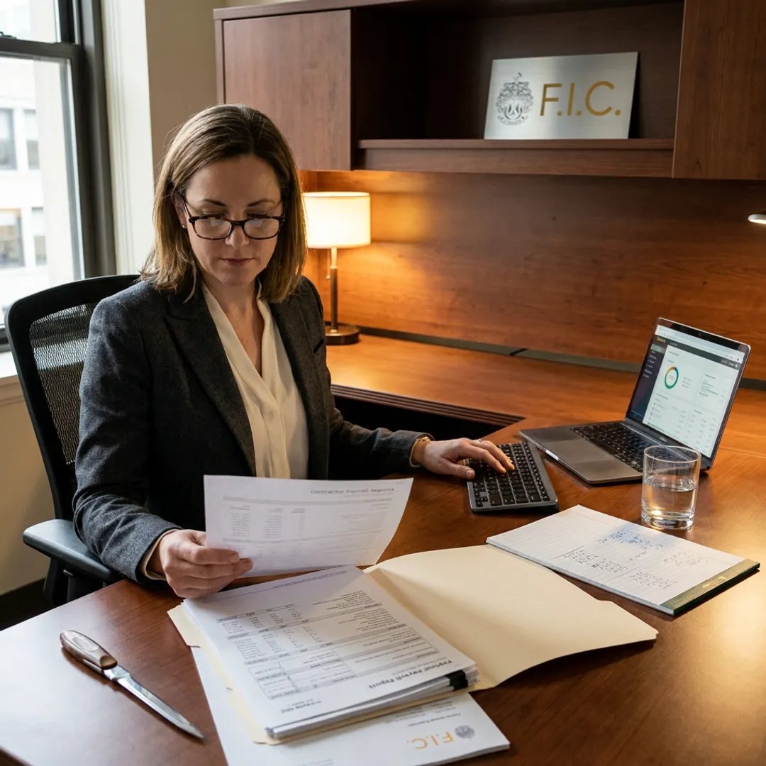 Payroll specialist reviewing contractor payment records