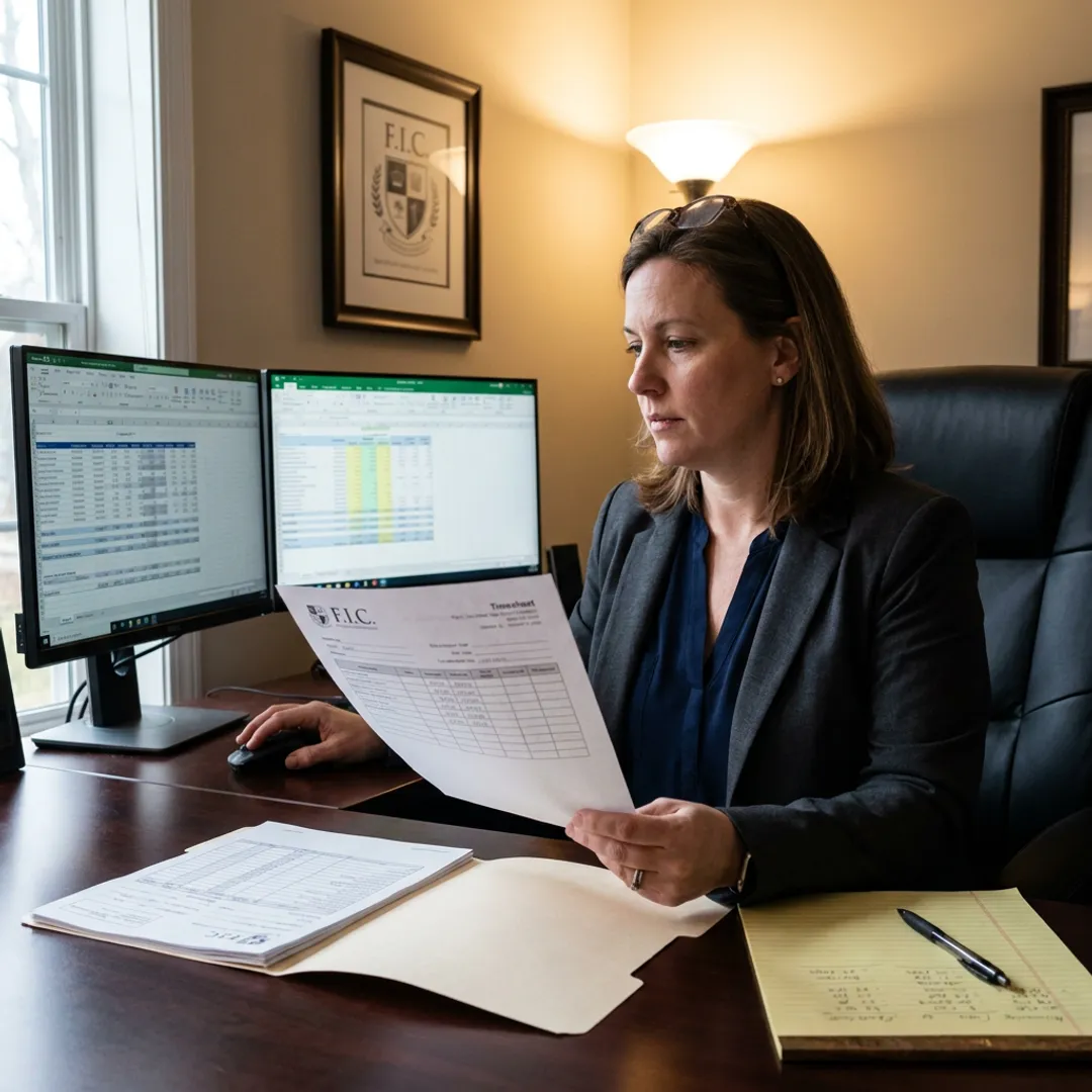Payroll consultant reviewing transportation department records