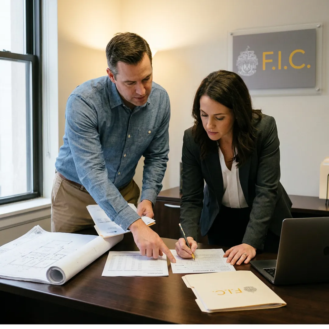 Contractor reviewing accounting reports