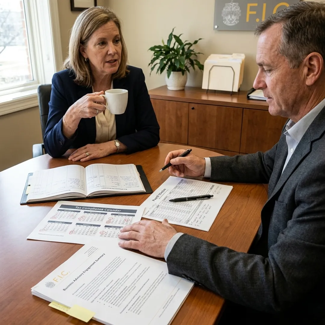 Accounting advisor reviewing financial records with a business owner