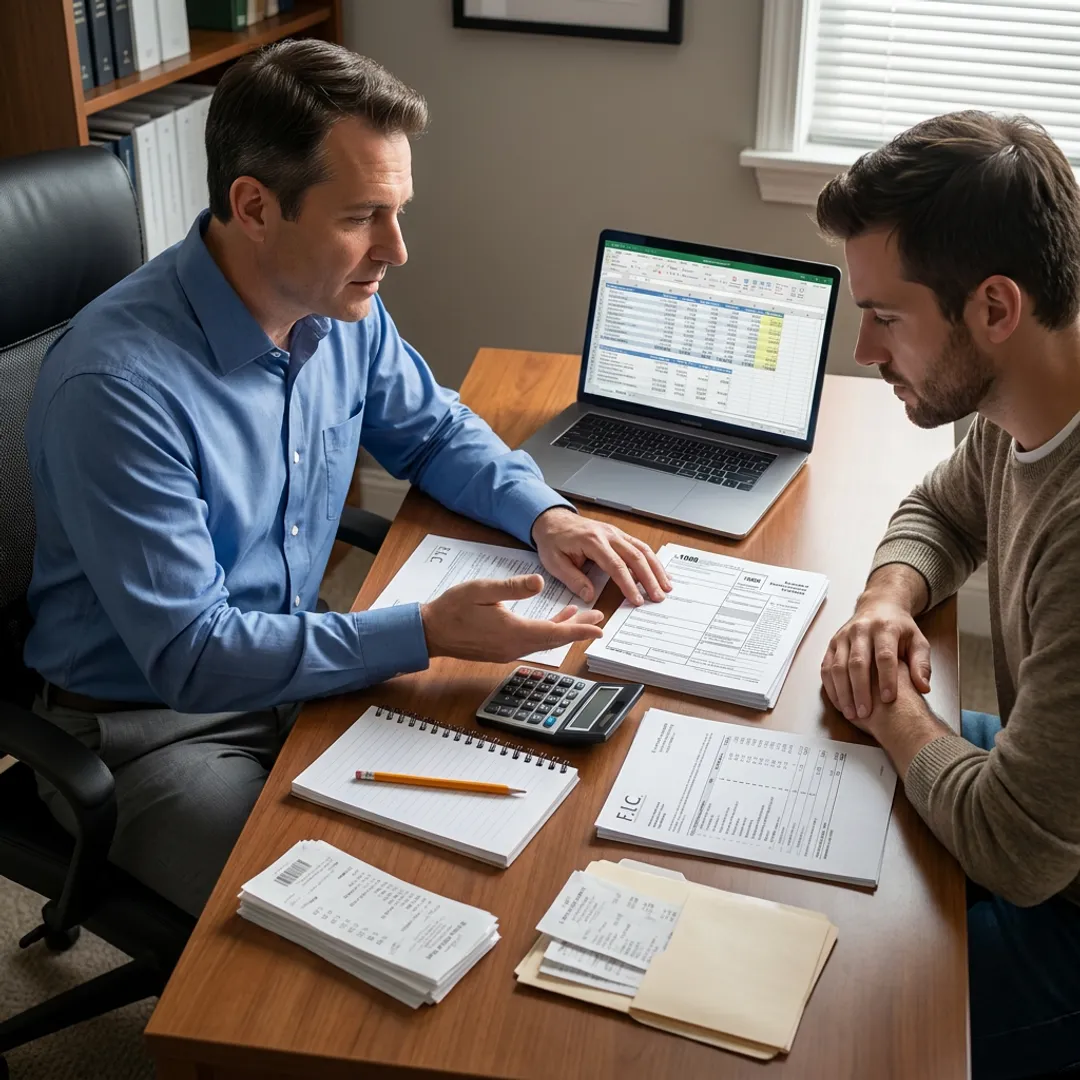 Tax professional reviewing 1099 documents
