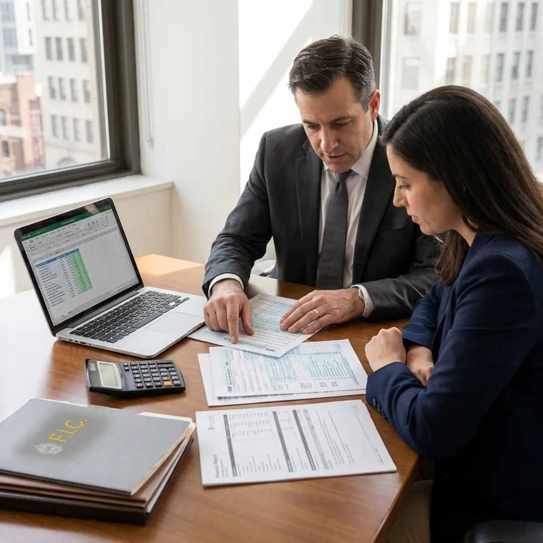 Accountant reviewing financial reports with client