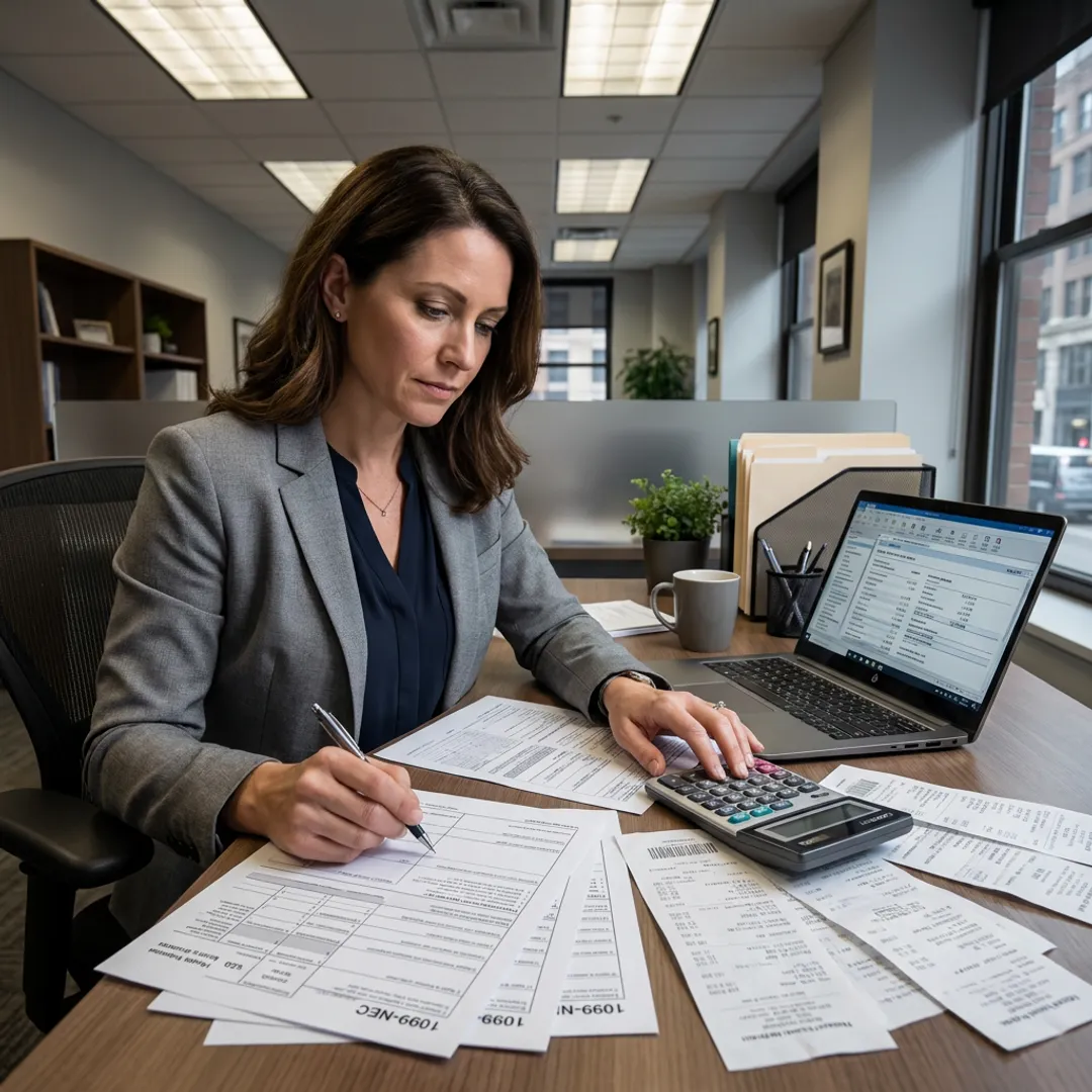 Tax professional reviewing 1099-NEC forms