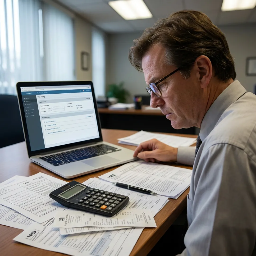 Tax professional reviewing 1099 forms