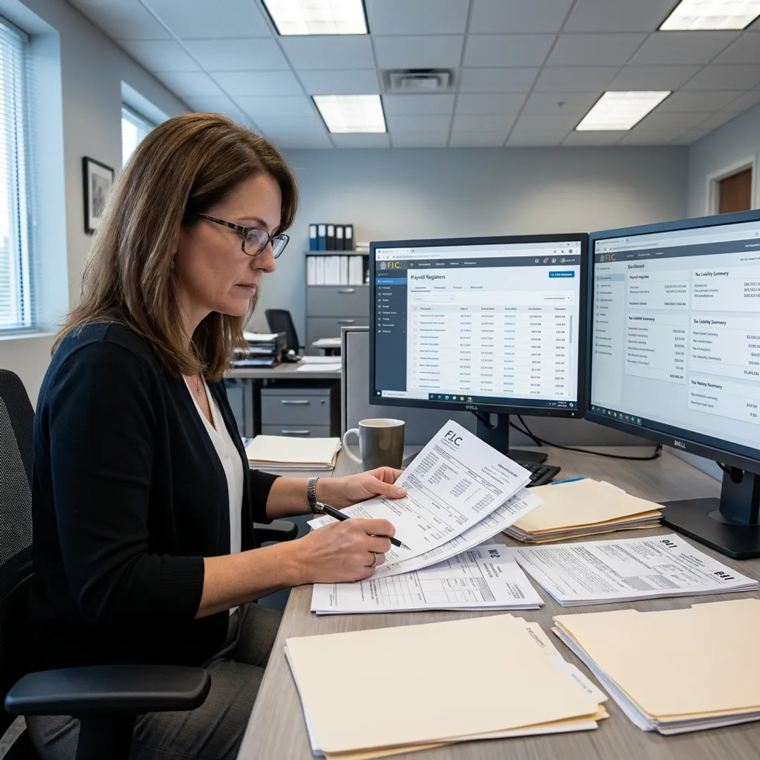Payroll specialist reviewing tax forms and paycheck records