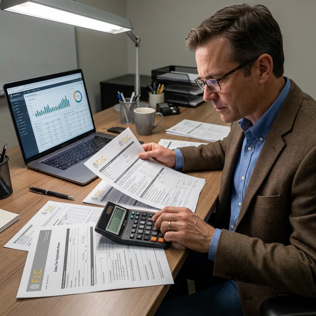 Tax professional reviewing multi-state sales tax registration documents