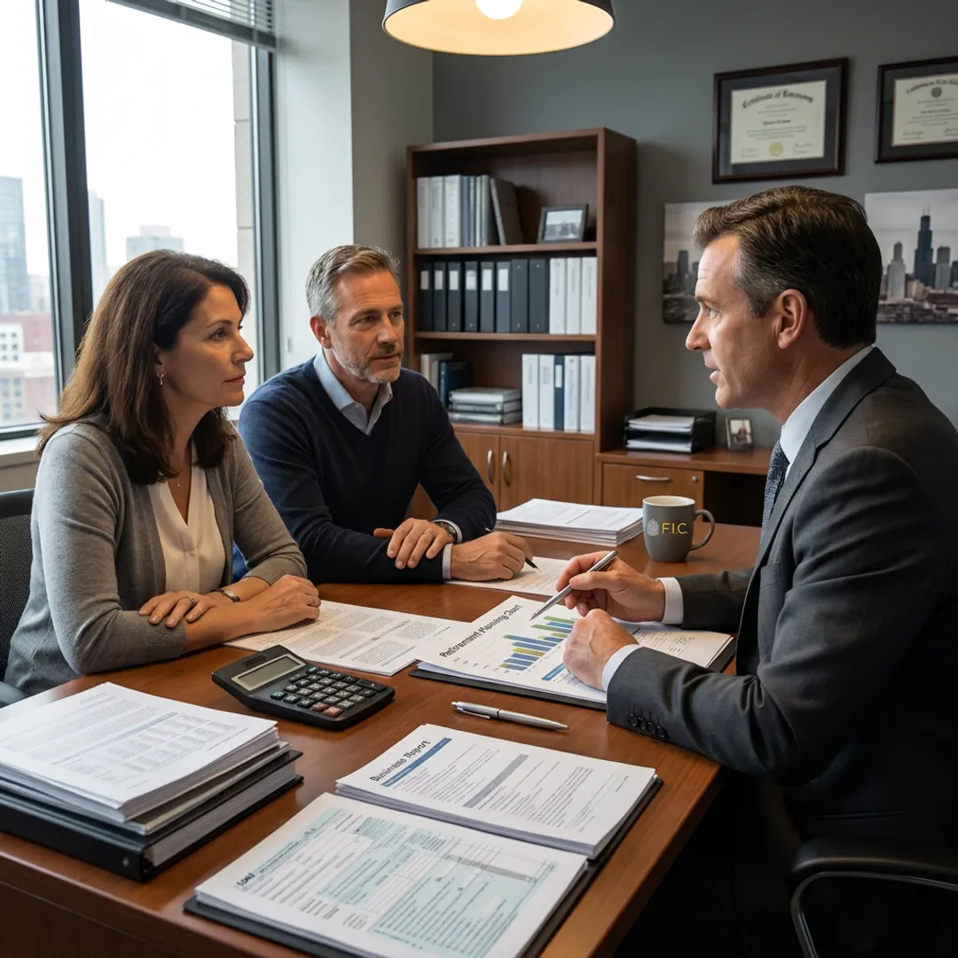 Financial consultant reviewing planning documents with clients