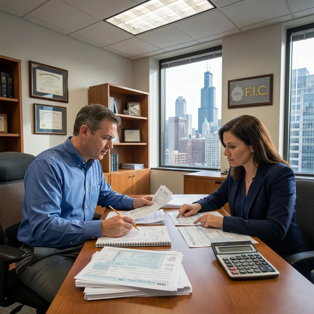 Tax specialist reviewing documents with a client
