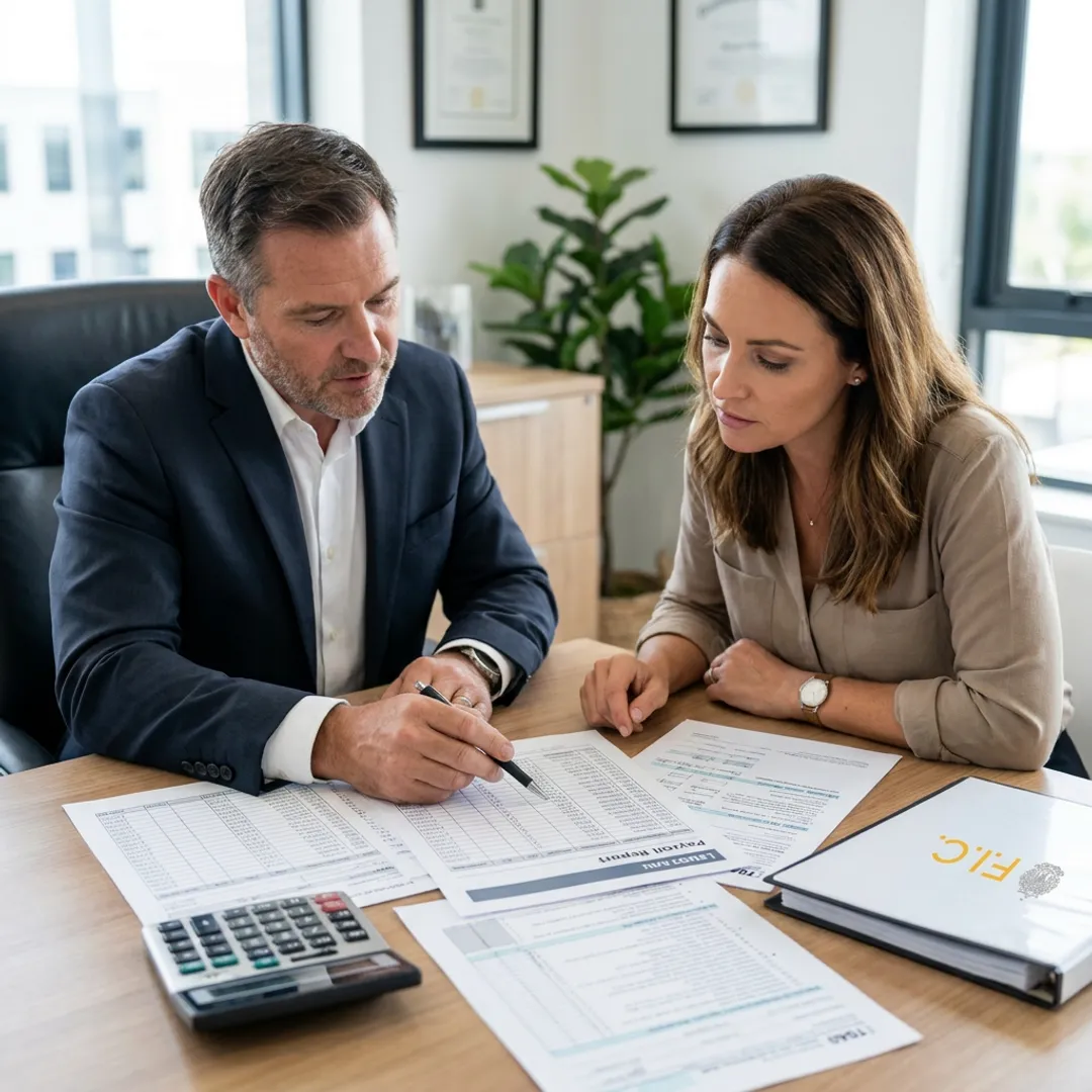 Financial consultant reviewing bookkeeping and tax documents