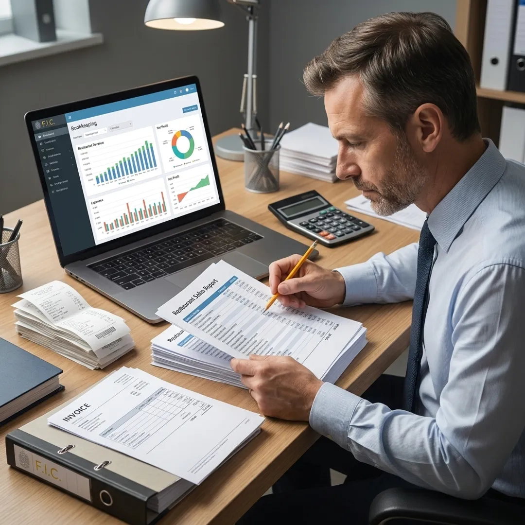 Accountant reviewing restaurant financial reports