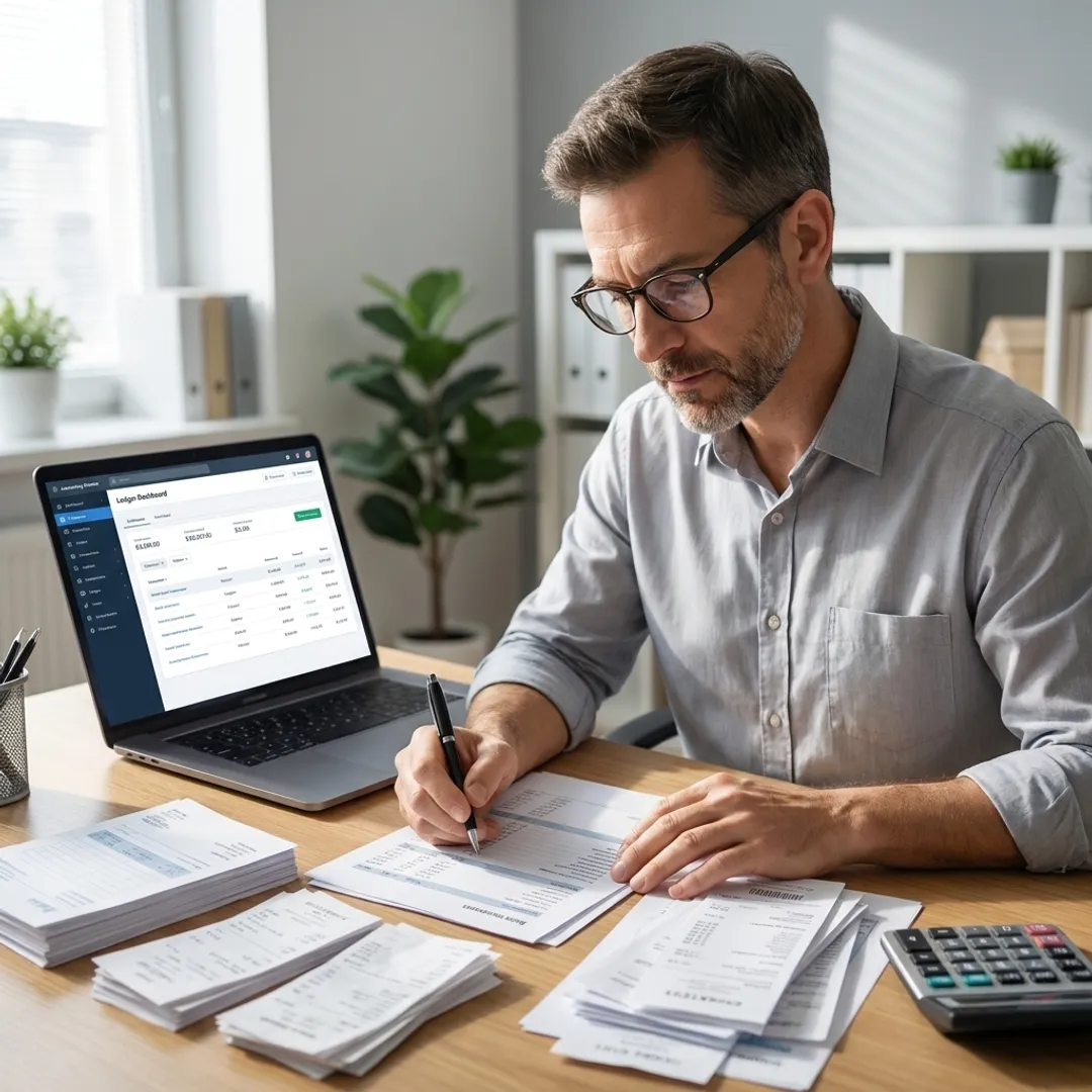 Bookkeeper reconciling small business financial records