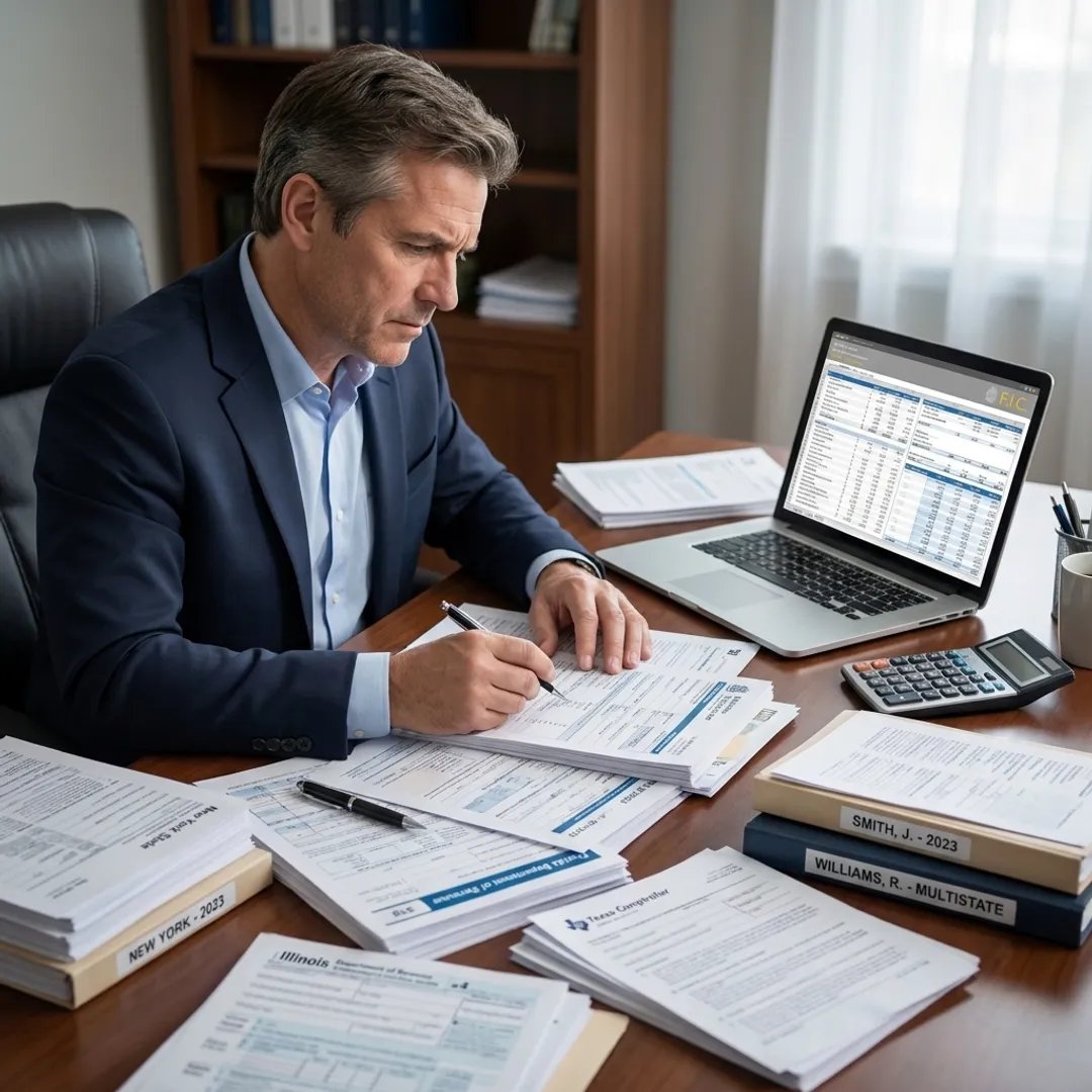 Advisor reviewing multistate tax records