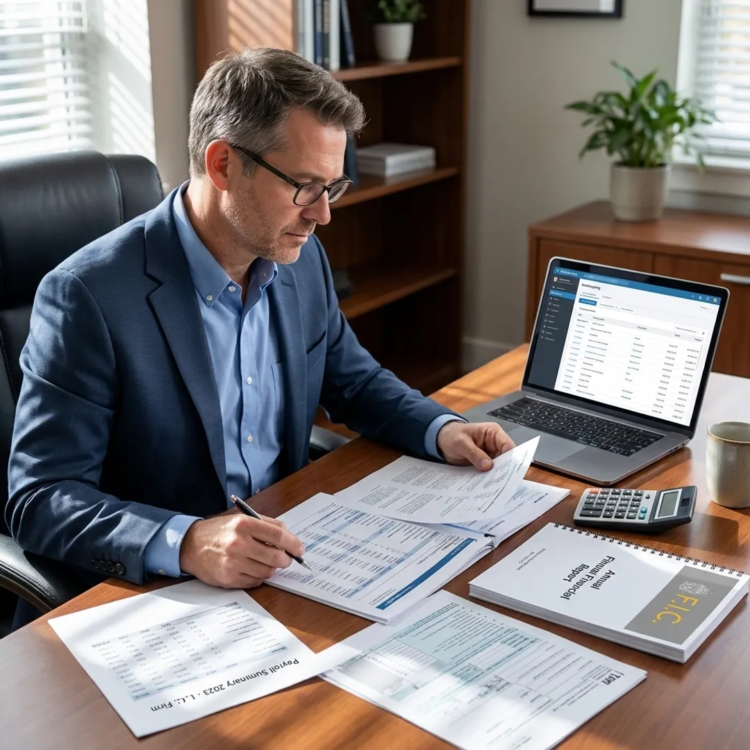 Accountant reviewing financial reports for a law firm