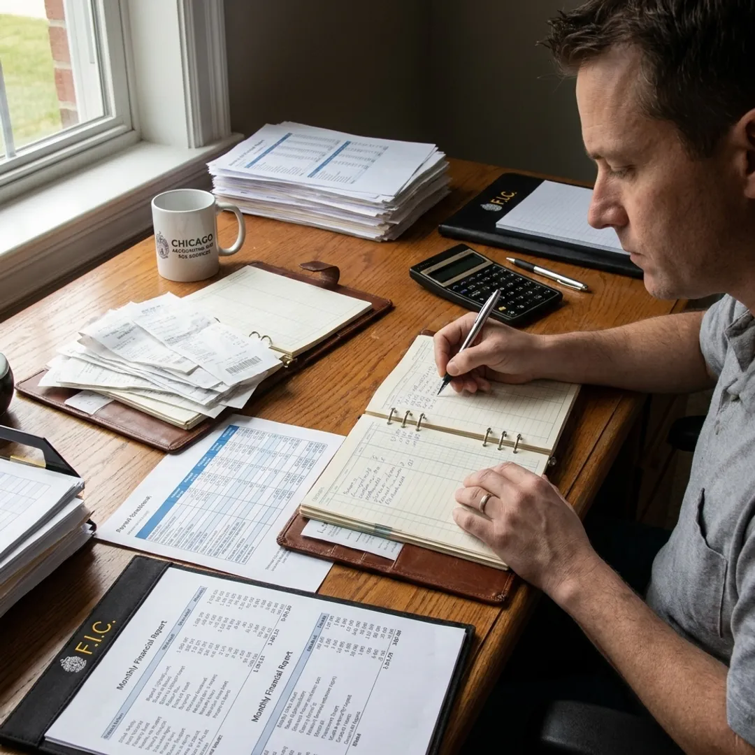 Bookkeeper reviewing monthly business financial reports