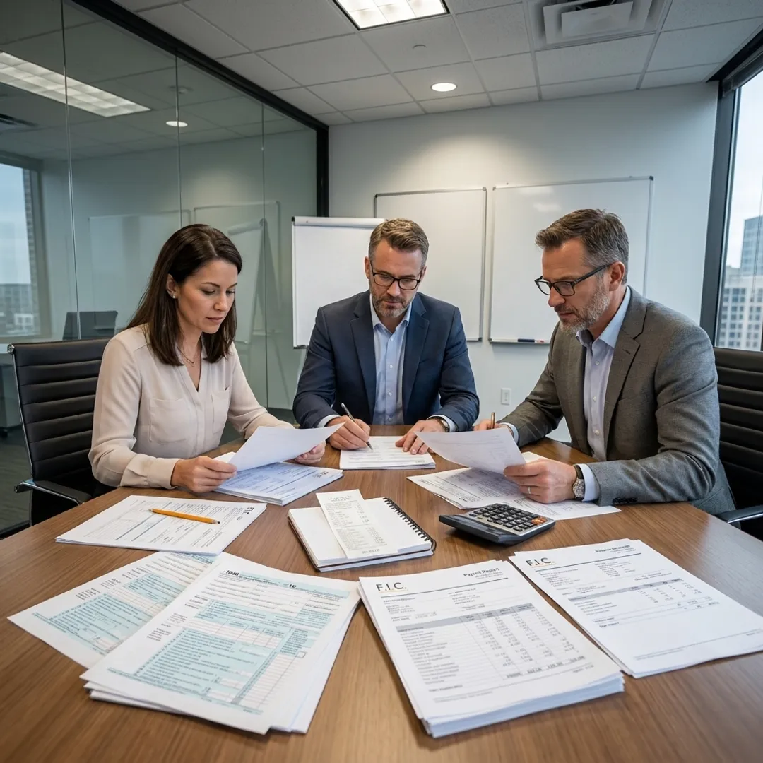 Financial accounting team reviewing reports