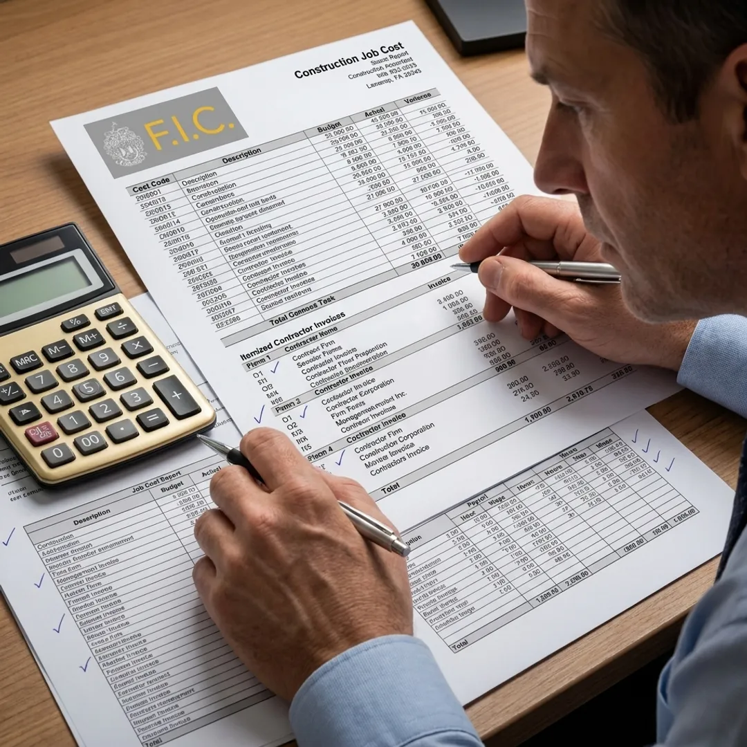 Construction accounting professional reviewing job cost reports