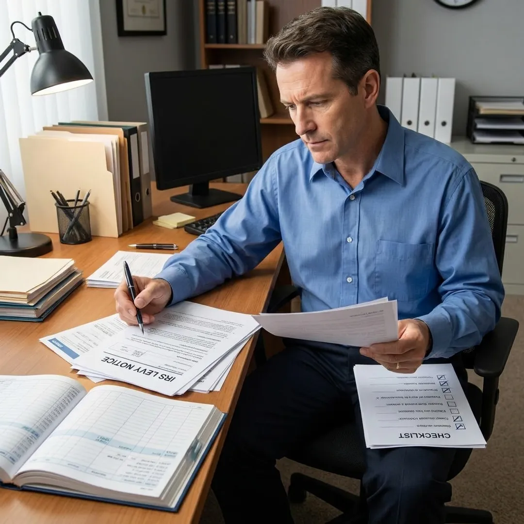 Tax consultant reviewing IRS levy documents