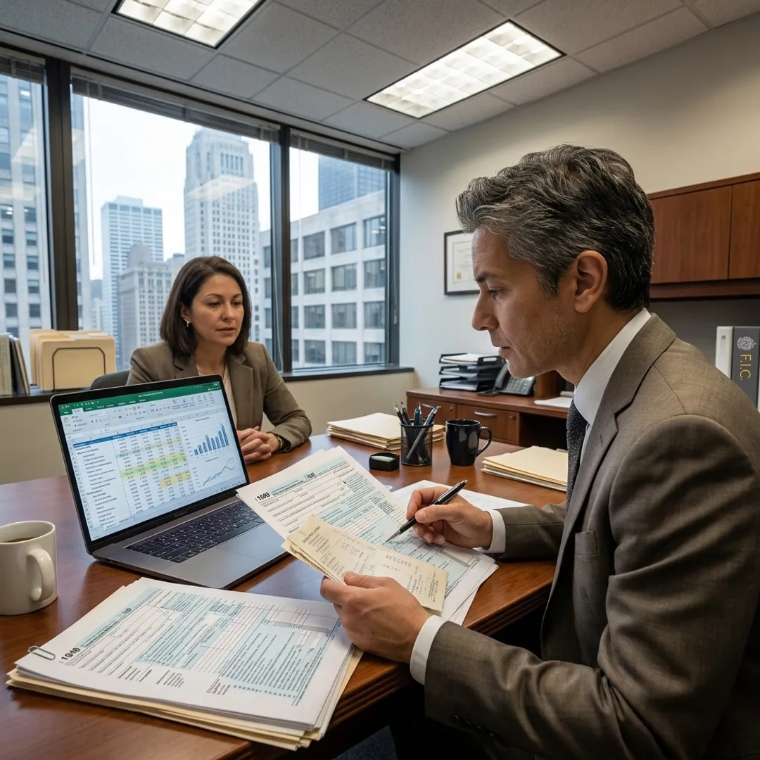 Financial consultant reviewing bookkeeping and tax documents