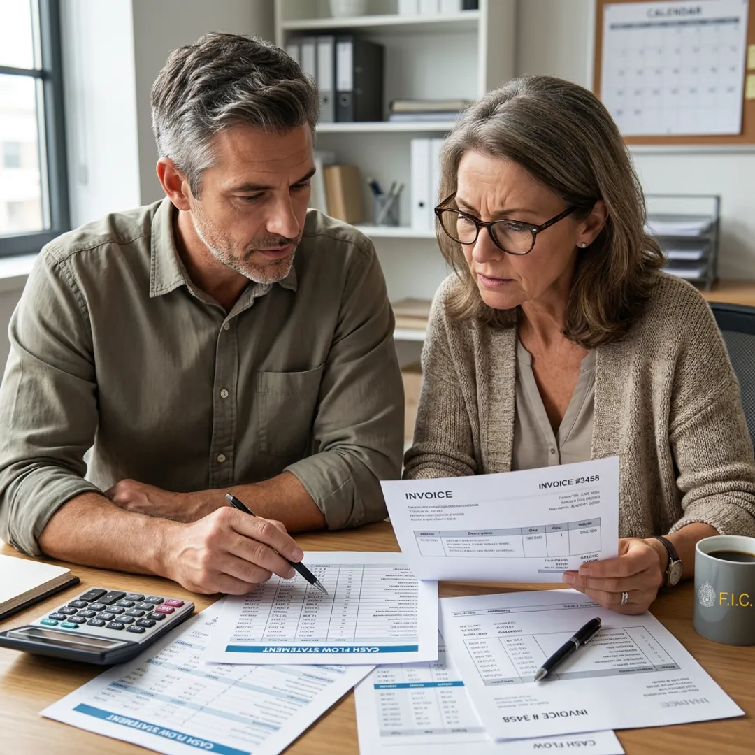 Business owner reviewing organized bookkeeping reports