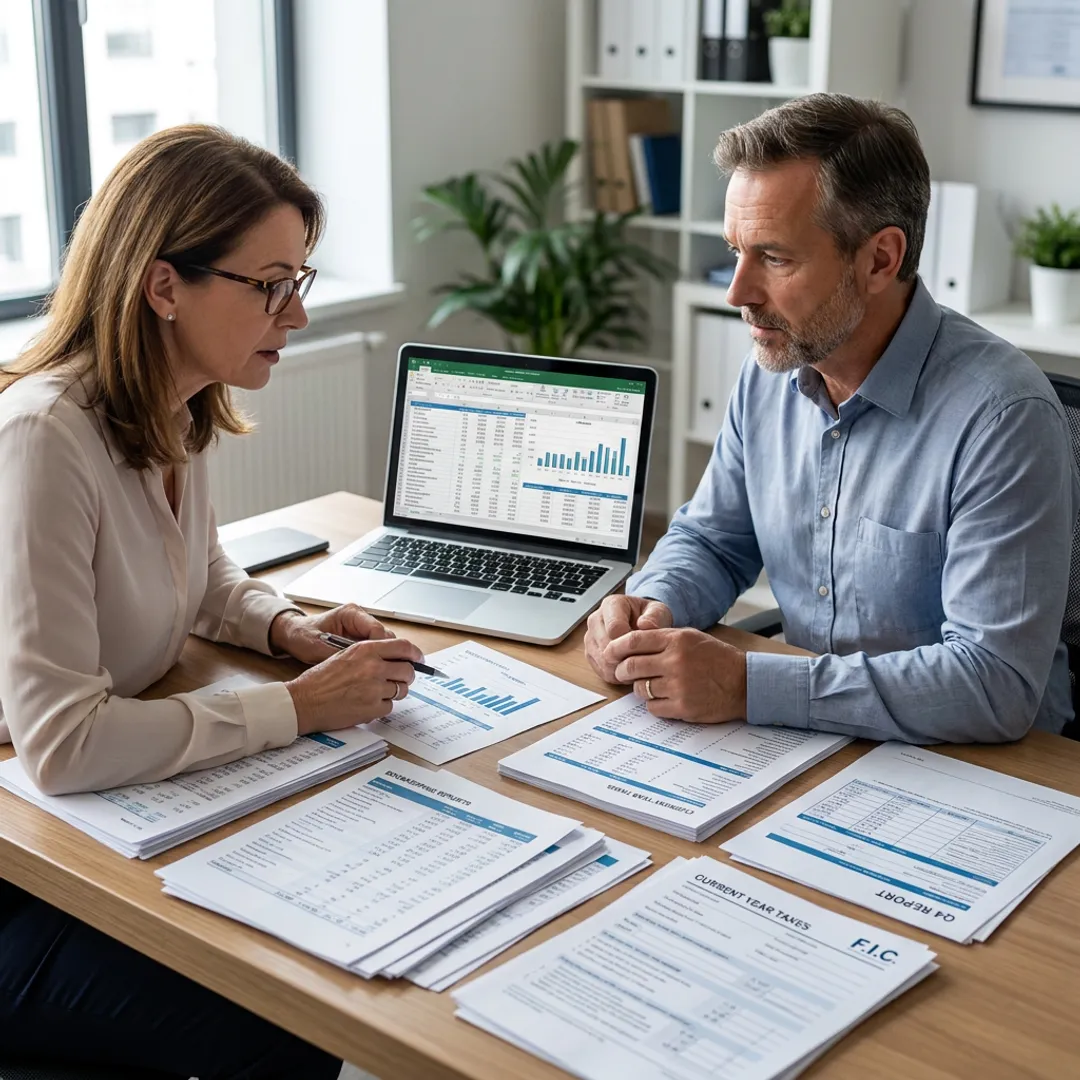 Advisor reviewing small business financial records