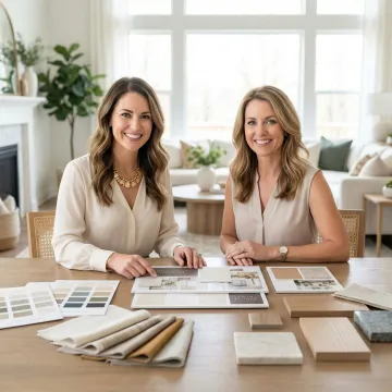 Interior designer consulting with homeowner reviewing fabric swatches and design materials