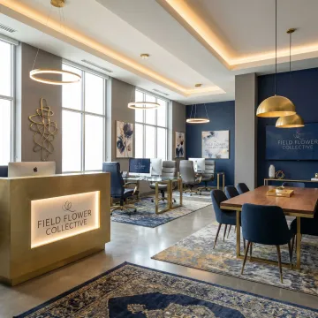 Professional commercial interior featuring branded design elements and functional workspace layout