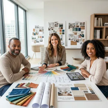 Interior designer consulting with clients over fabric samples and design plans