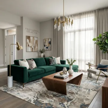 Elegant living room with custom furniture and cohesive design by Field Flower Collective