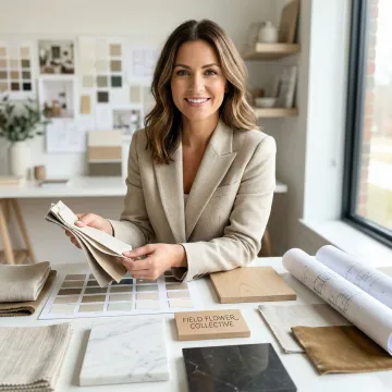 Interior designer reviewing fabric swatches and color palettes for home makeover project