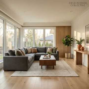 Beautifully renovated modern living room with natural light and designer furnishings