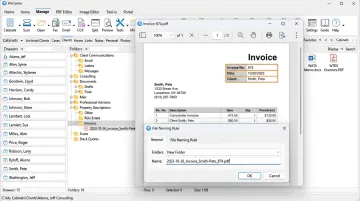 FileCenter software interface showing automated OCR document filing and folder organization