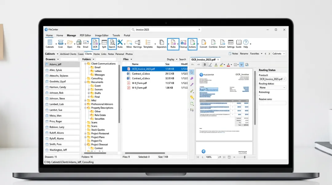 FileCenter software dashboard displaying OCR search and document routing features