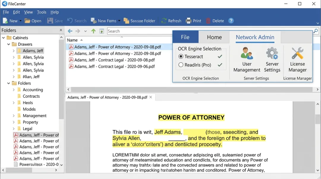 FileCenter document management interface showing OCR processing and network file organization