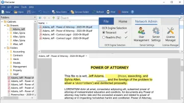 FileCenter document management interface showing OCR processing and network file organization