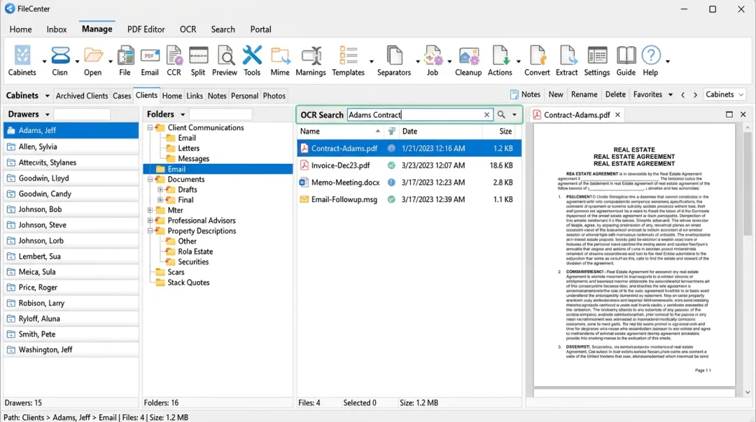 FileCenter document management interface showing OCR search and file organization
