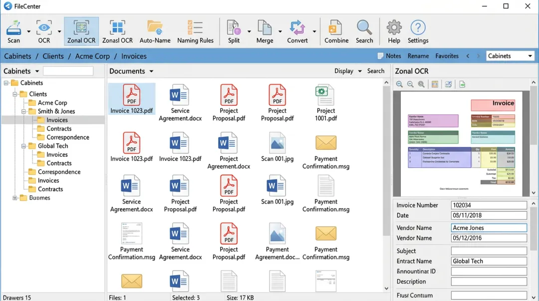 FileCenter software interface showing Zonal OCR and document organization tools