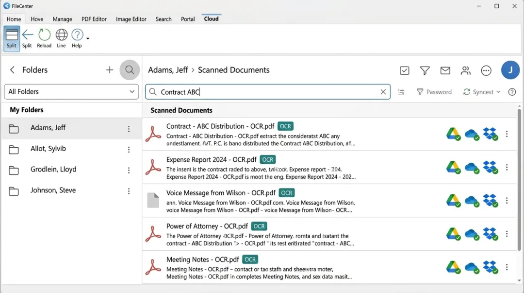 FileCenter document management interface showing OCR scanning and automatic file organization