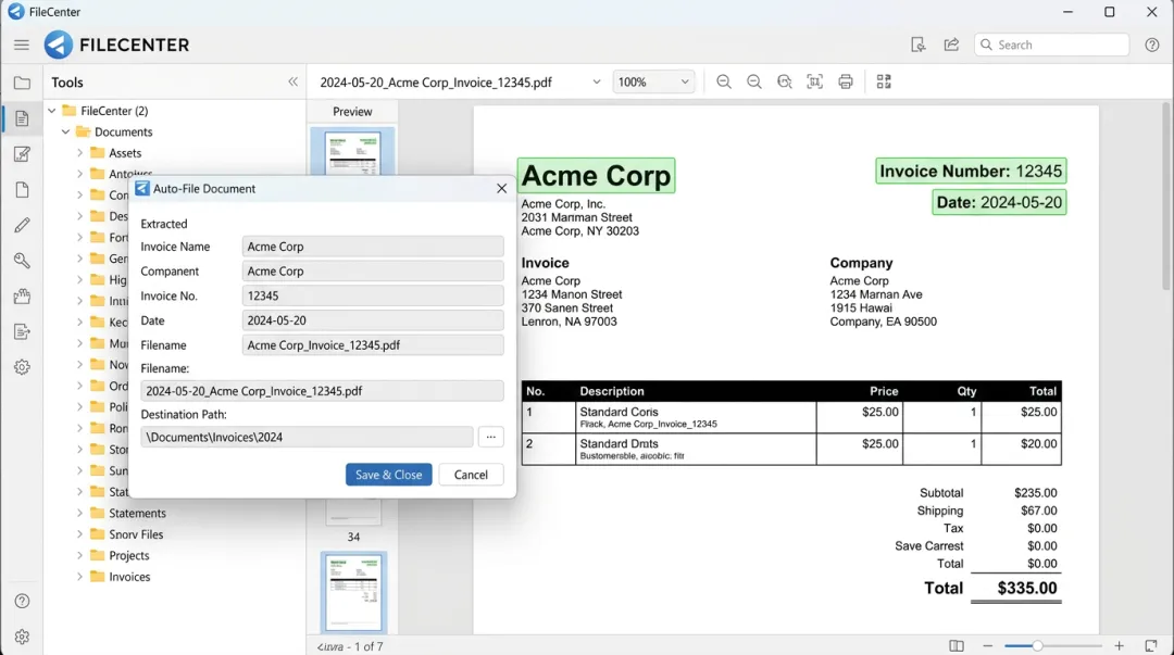 FileCenter Zonal OCR interface automatically naming and routing scanned invoices
