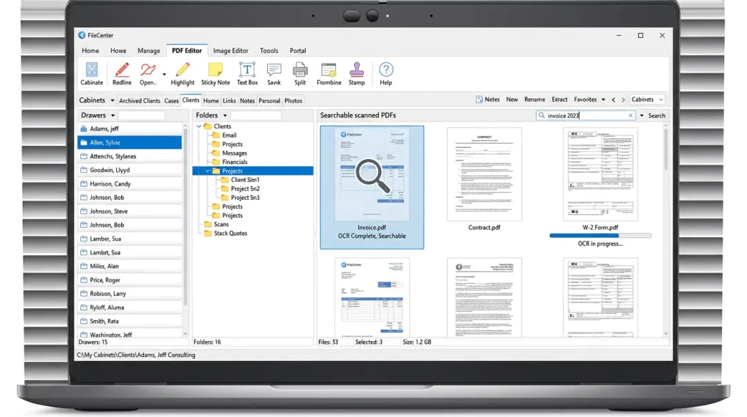 FileCenter document management software interface showing OCR and PDF tools