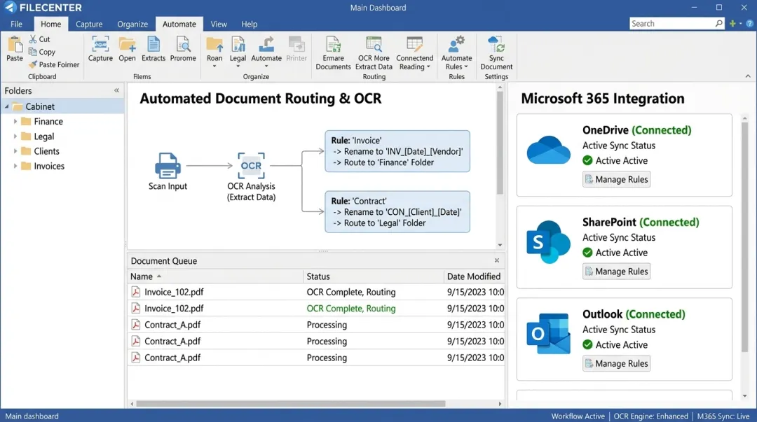 FileCenter document management software interface showing automated routing and OCR