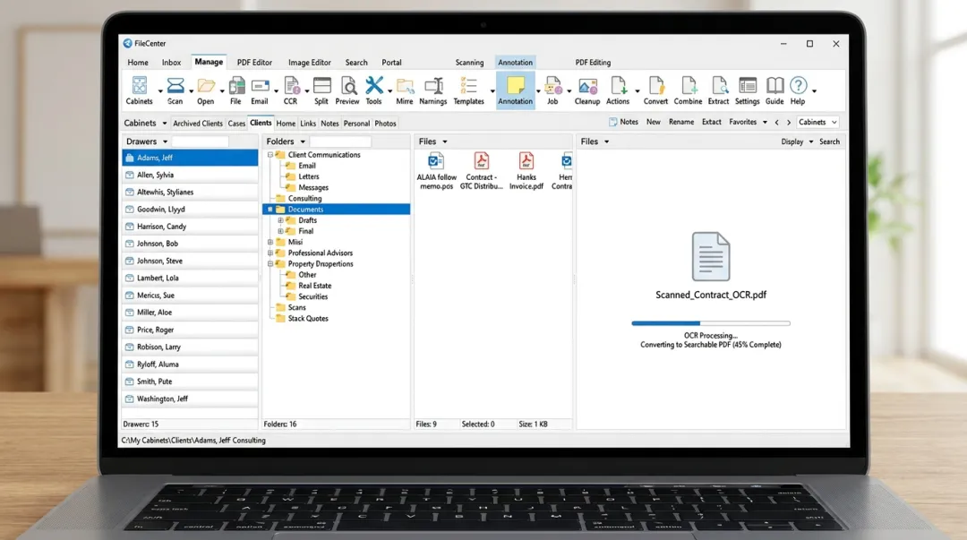 FileCenter electronic file cabinet interface displaying OCR scanning and PDF tools