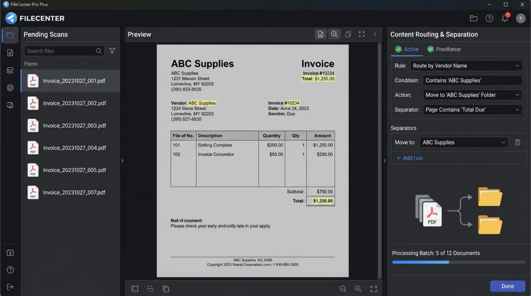 FileCenter software interface performing OCR document routing and separation