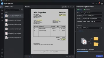 FileCenter software interface performing OCR document routing and separation