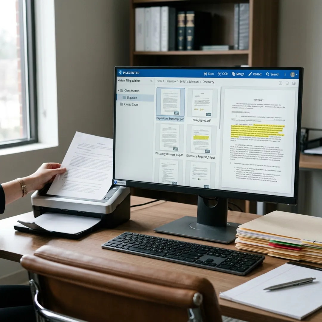 Legal professional organizing digital case files
