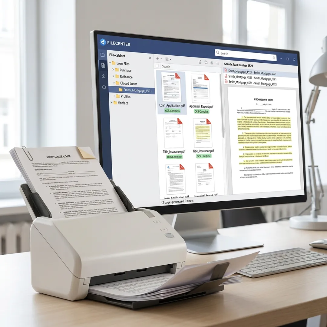 Mortgage documents being scanned into organized digital folders